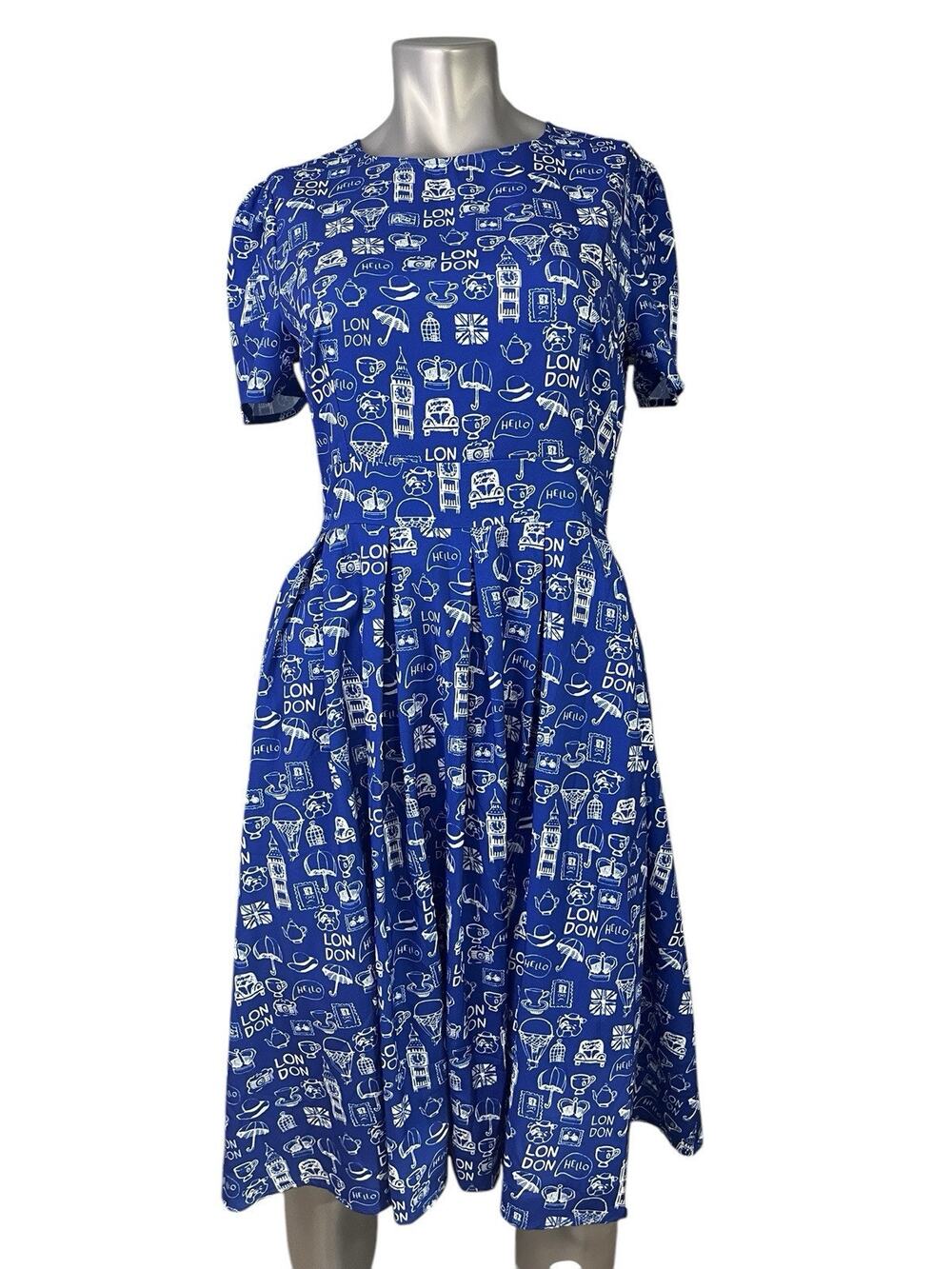 Blue White London Dress Short Sleeve Fit And Flare Midi Small Artsy All Over